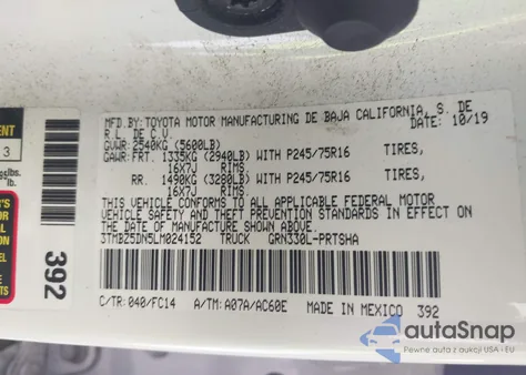 2020 Toyota Tacoma Sr5 V6 from USA, damaged, VIN 3TMBZ5DN5LM024152